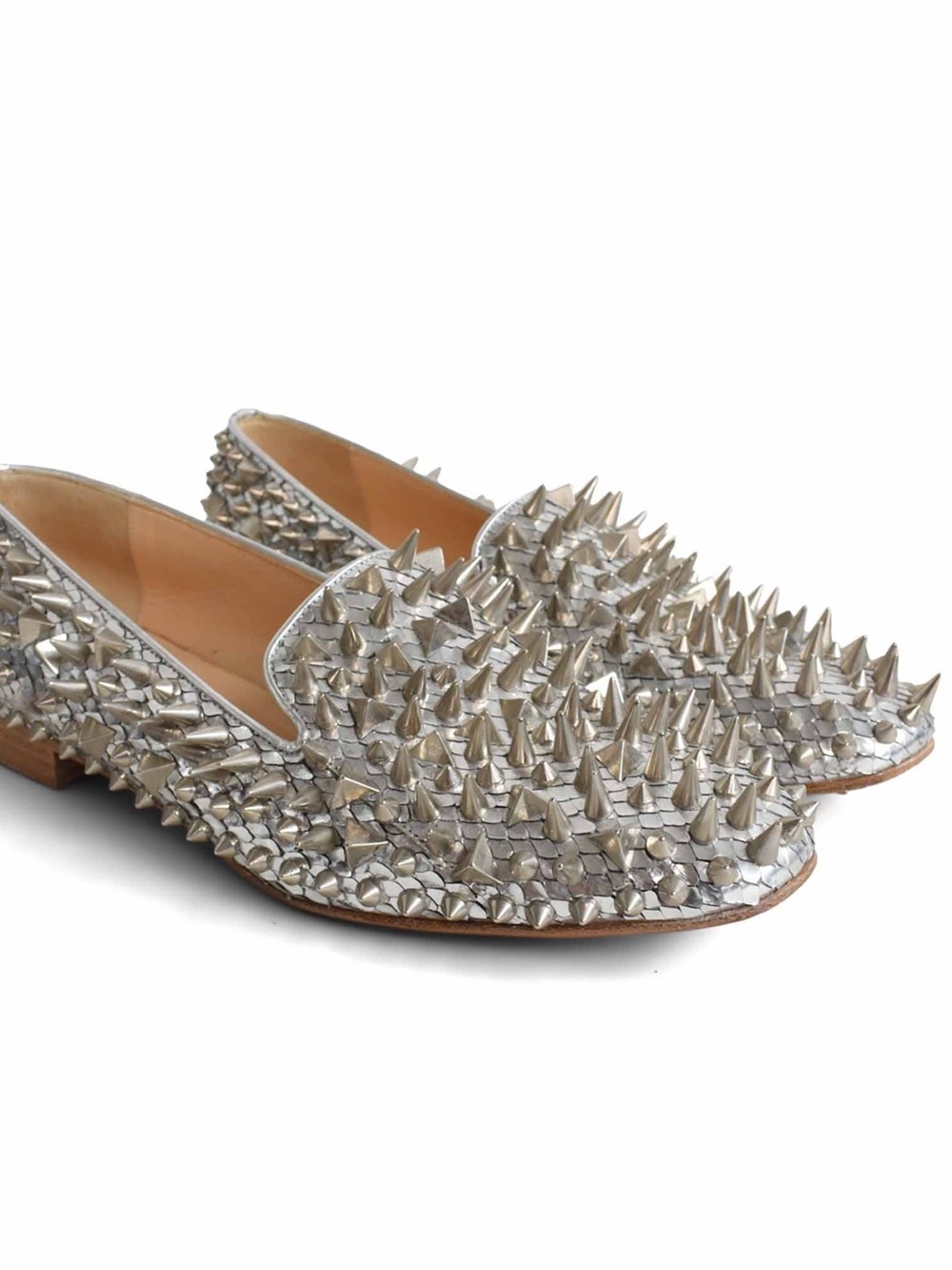 Christian Louboutin Dandy Pik Pik Snakeskin Leather Silver Spike Studs Flats 7.5